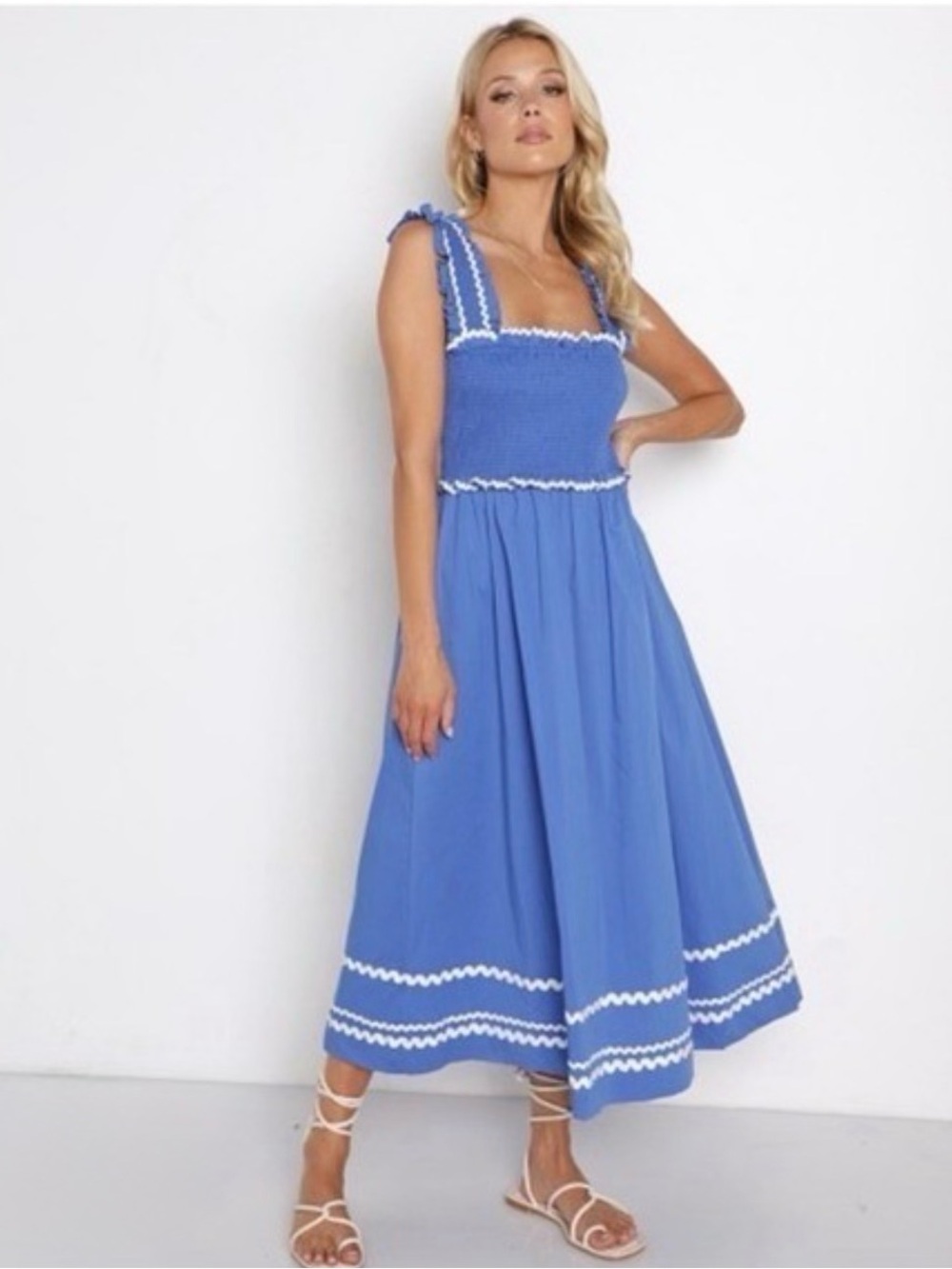 En Saison Blue Smocked Ric Rac Trim Midi Dress Sleeveless Square Neck Ruffle